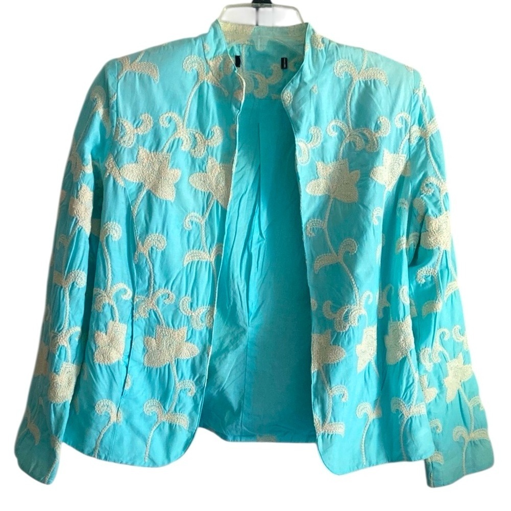 Women’s Pastel Blue Floral Jacquard Cotton Quilted Jacket Size Medium